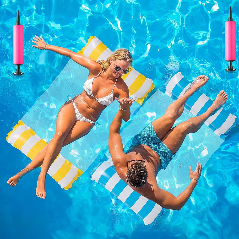 Hamac Gonflable 4 En 1 – Lit Flottant Pour Piscine, 135x70 Cm, Capacité 220 Kg, Pour Adulte – Bleu/orange, Avec Pompe