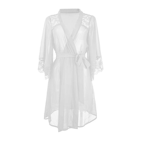 Aayomet Lingerie for Women Women Lace Kimono Robe Chiffon Lingerie Mesh Chemise White S