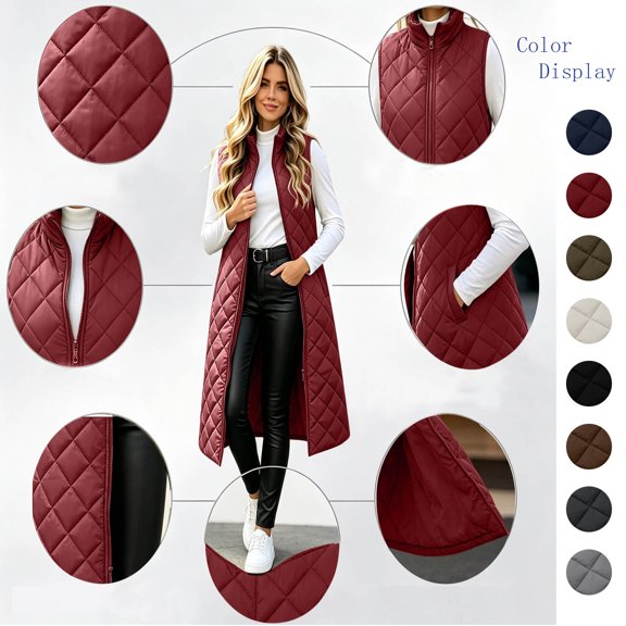 Jovrlynd Women's Long Puffer Vest Zip Up Sleeveless Quilted Jackets Plus Size Stand Collar Warm Long Winter Coats with Pockets, S-3XL