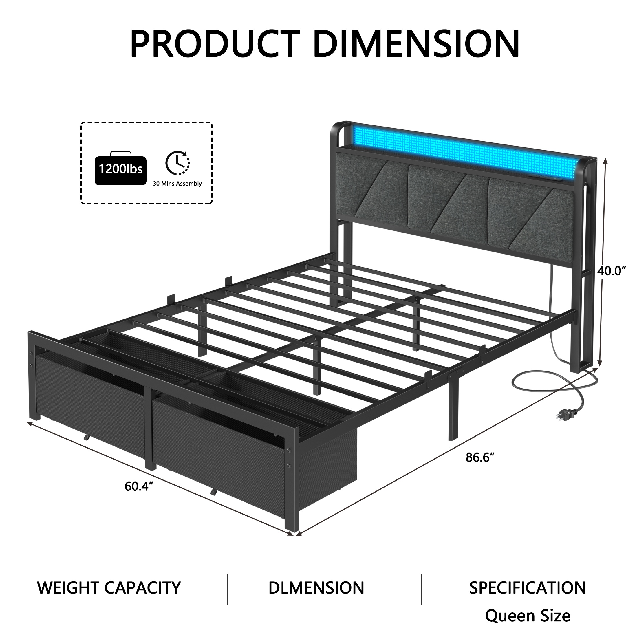 Satifur Queen Bed with Storage Drawers, LED Lights & Charging photo 4