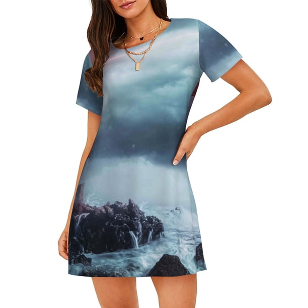 Disketp Lighthouse in a Stormy Sea para Camisón Corto de Manga Corta para Mujeres, Camisón Cómodo con Escote Redondo, Bonito y Confortable