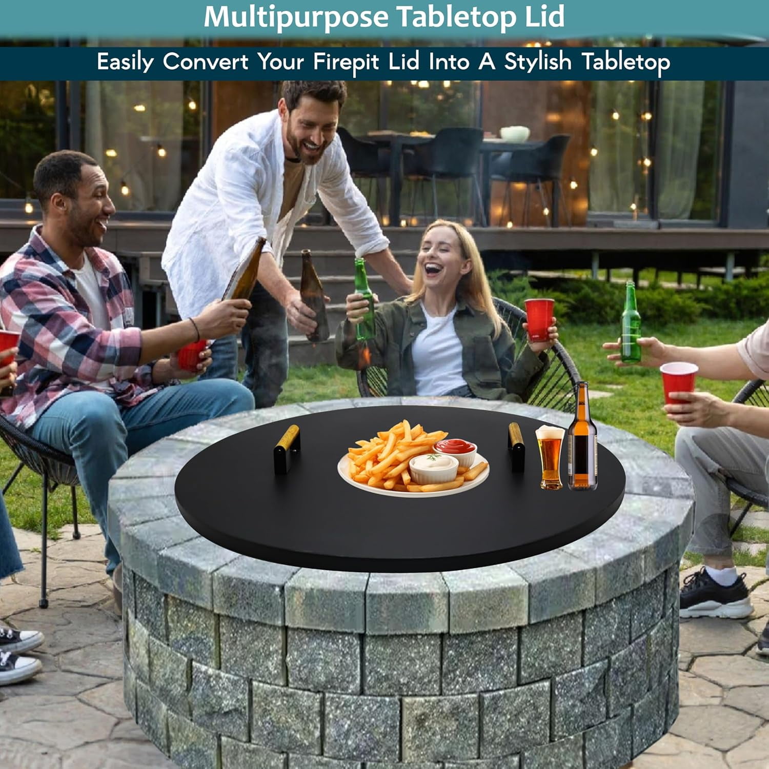 Febtech 36" Fire Pit Cover Round with Dual Wooden Handles Perfect for Fire Pit Inside Up to 34"