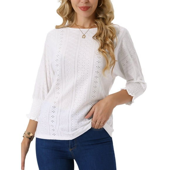INSPIRAR CHIC Estilo Blusas de Mujer con Manga Murciélago de 3/4 Verano Casual Blusa de Ojal Cuello Redondo T-Shirts XL Blanca