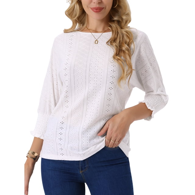 INSPIRAR CHIC Estilo Blusas de Mujer con Manga Murciélago de 3/4 Verano Casual Blusa de Ojal Cuello Redondo T-Shirts XL Blanca