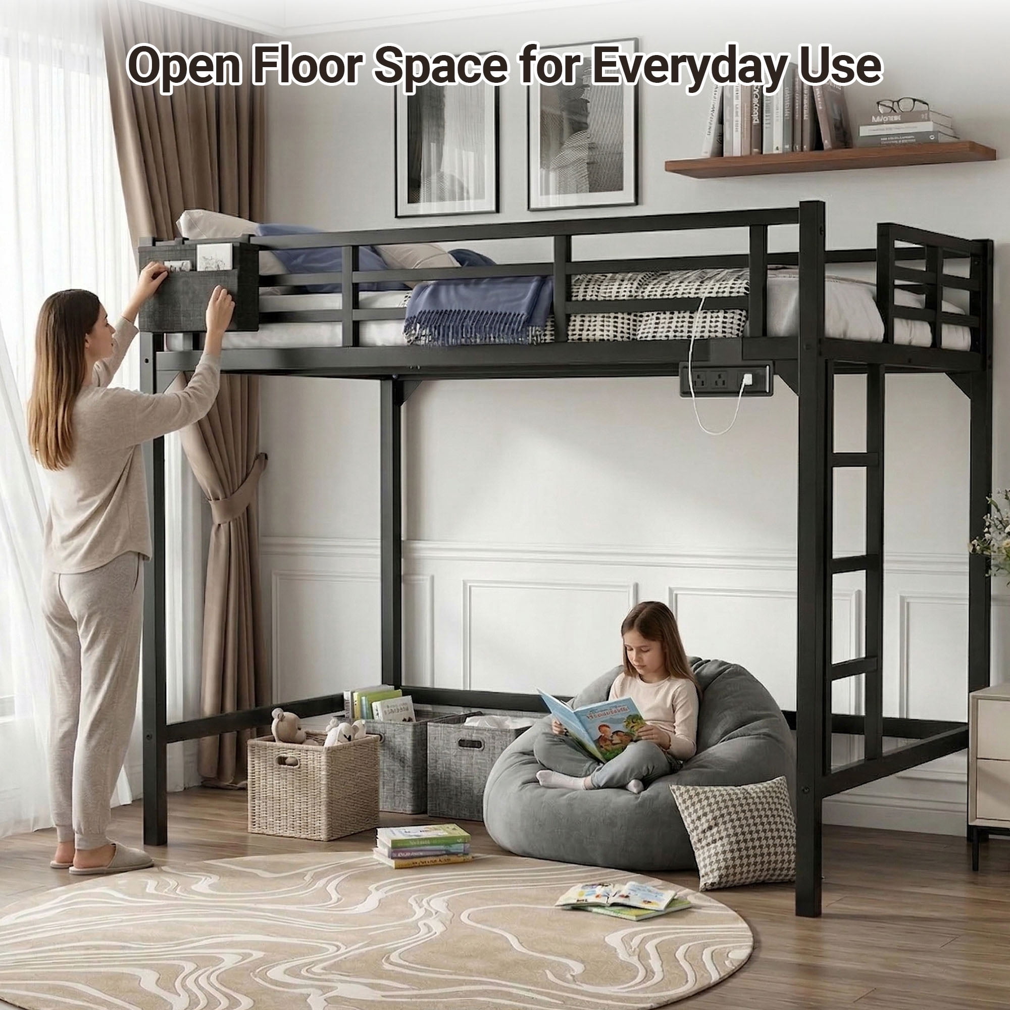 Miniyam Twin Metal Loft Bed with LED and Charging Station for Dorms and Apartments, Black