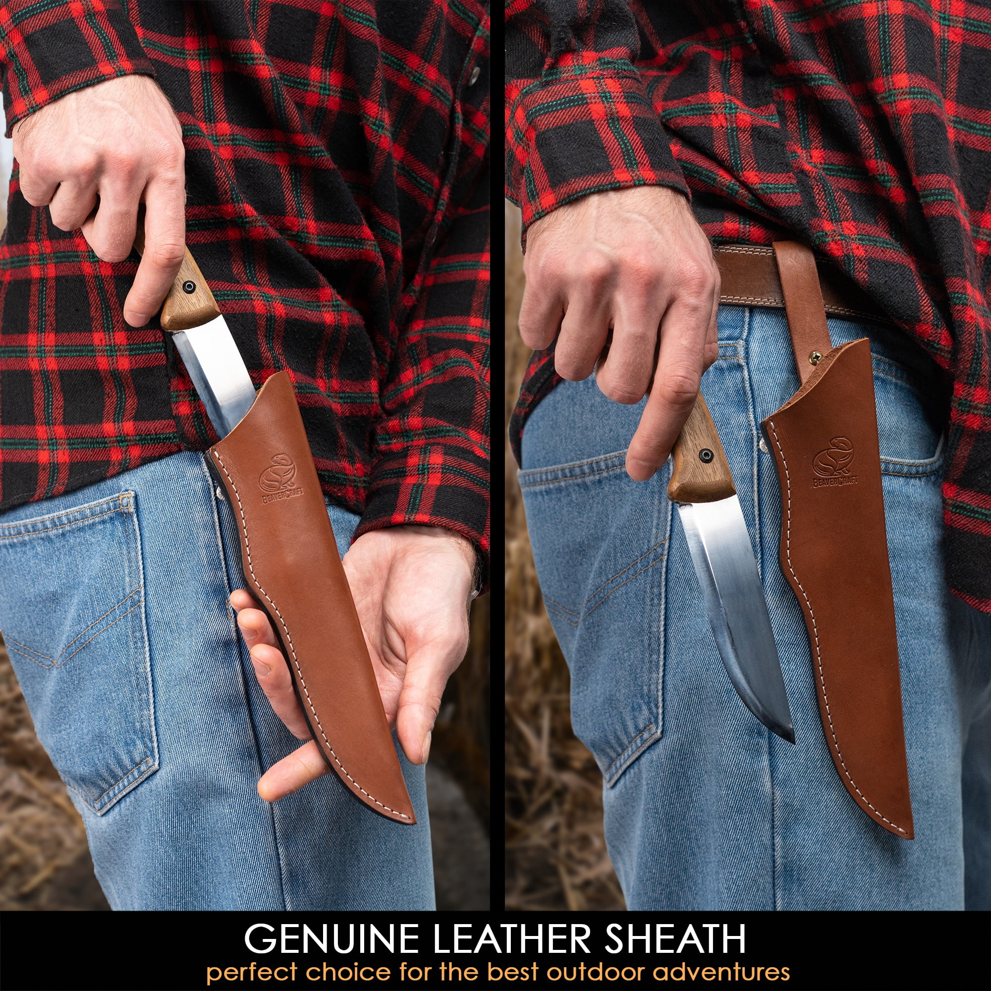 BeaverCraft Bushcraft Knife BSH1 Fixed Blade Knife with Sheath Full Tang Knife Carbon Steel – Knife Scandi Grind – Bushcraft Tools & Bushcraft Knives, Bush Knife with Leather Sheath