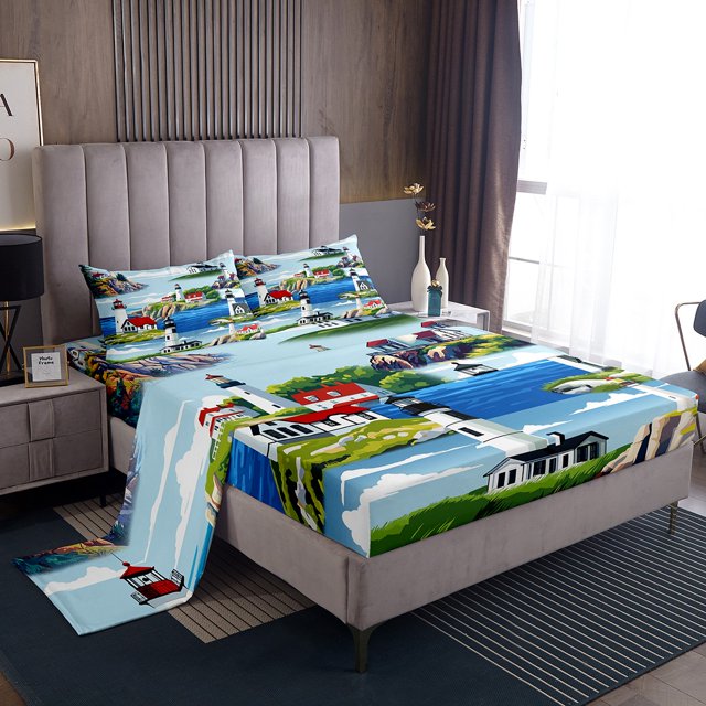 Erosebridal Nature Lighthouse Full Sheet Sets, Rustic Lake Bedding Full Size, Mountain Decor 4pcs