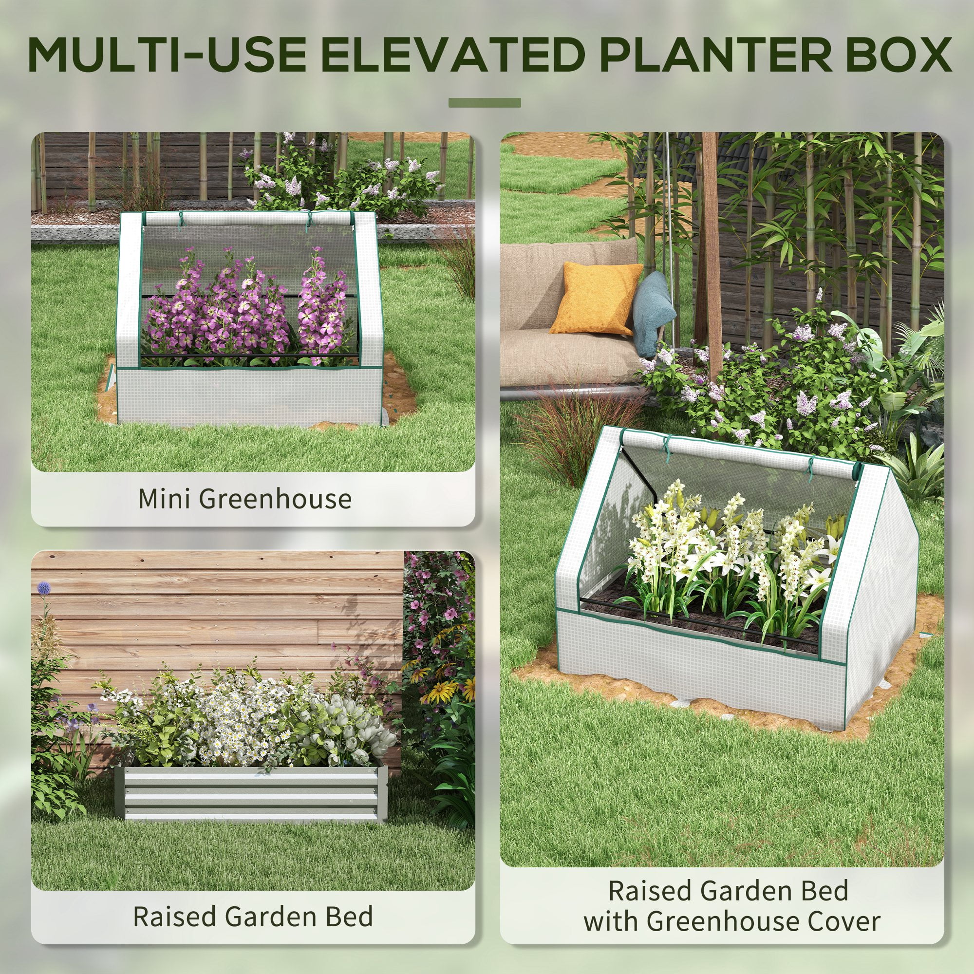 Outsunny Raised Garden Bed with Small Greenhouse, White and Silver