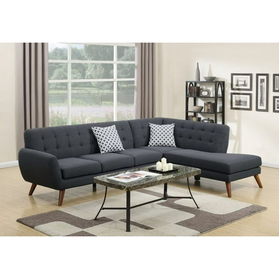 Living Room Sectional Sofa Chaise Ash Black Linen Like Fabric Pine Wood Furniture Modern Accent Tufting