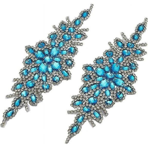 2 Pcs Rhombus Iron on Rhinestone Appliques Silver Blue 3.5x9.3 Inch Patch Rhombus Rhinestone Hot Fix Applique for Bridal Wedding Dress Clothes Sash Belt