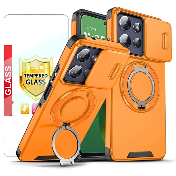 Kryonix for Motorola Moto G Play 2025 6.7'' Case with Screen Protector,Includes a Sliding Camera Cover,360° Magnetic Rotated Ring Kickstand,Military Grade Shockproof Protective Cover,Orange