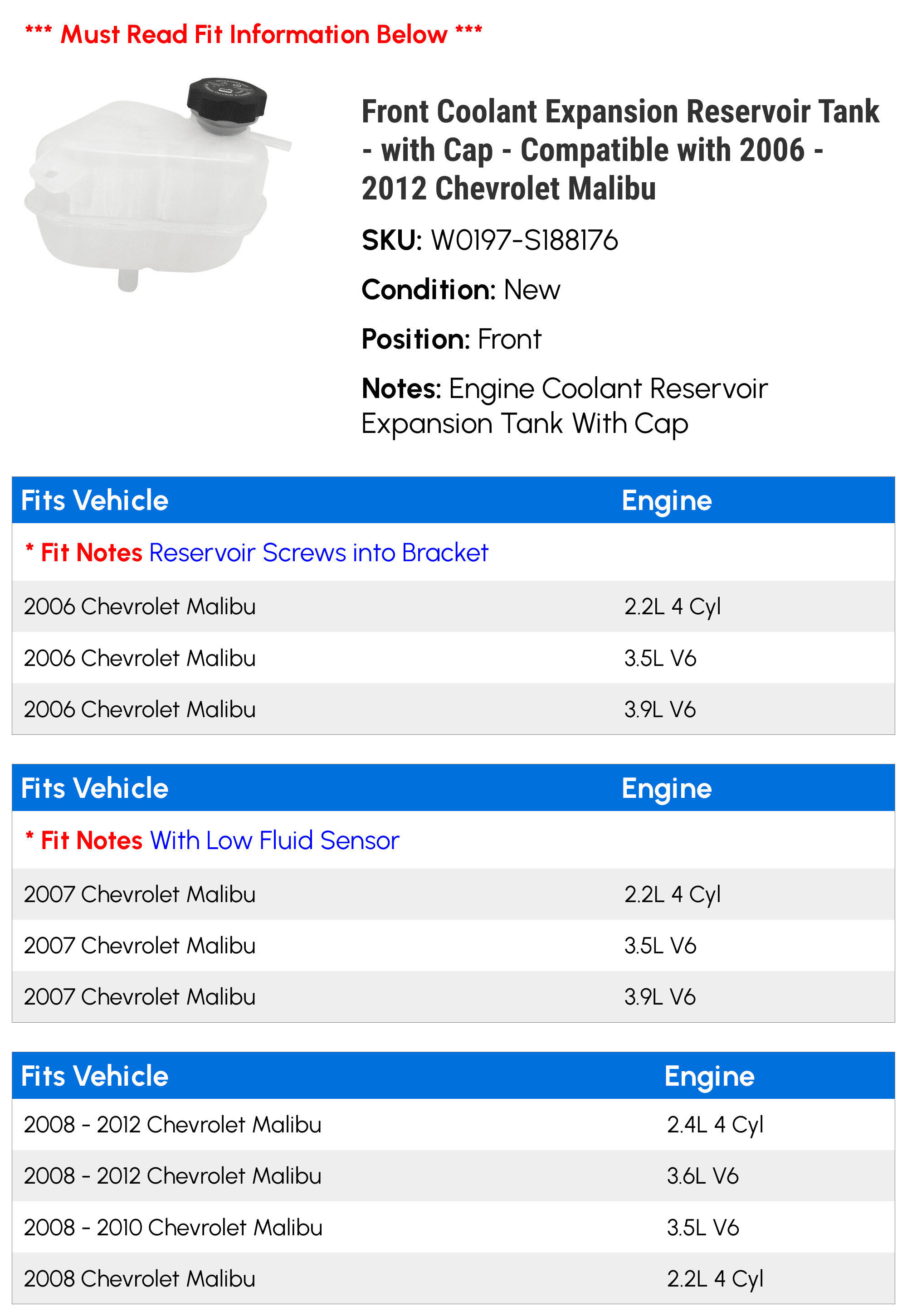 Front Coolant Expansion Reservoir Tank - with Cap - Compatible with 2006 - 2012 Chevy Malibu 2007 2008 2009 2010 2011