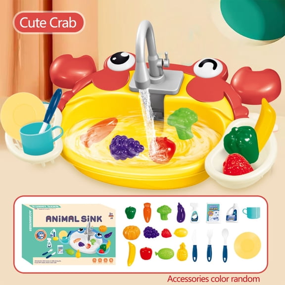 Automatic Water Cycle Kids Play Sink, Pretend Kitchen Dishwashing Toy with Play Food Fruits Vegetables Dishes Utensils, Educational Role Play Toy for Toddlers Boys Girls Ages 3 Birthday Gifts
