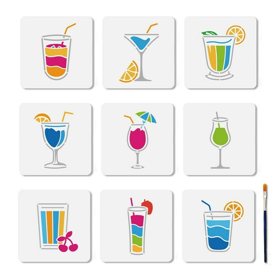 9Pcs 9 Styles PET Hollow Out Drawing Painting Stencils for DIY Scrapbook Photo Album Drink 150x150mm 1pc/style