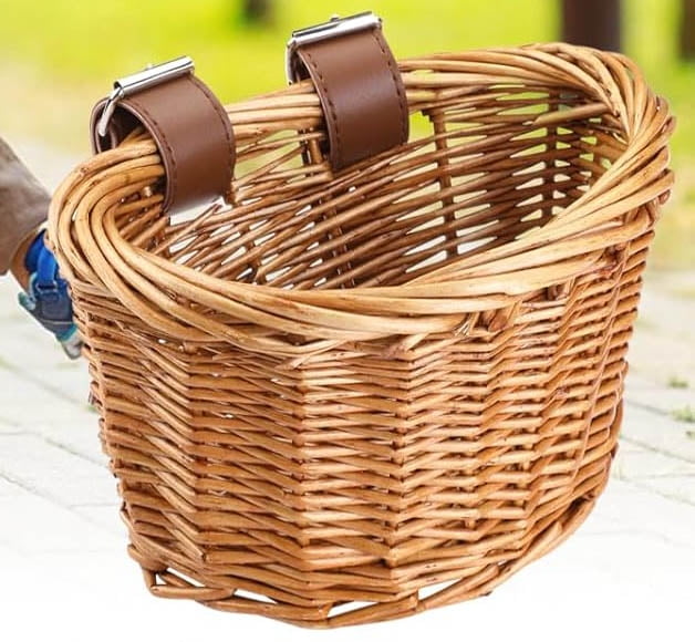 Bike Basket with Adjustable PU Belts, Handmade Woven Rattan Front Handle Basket for Bicycle