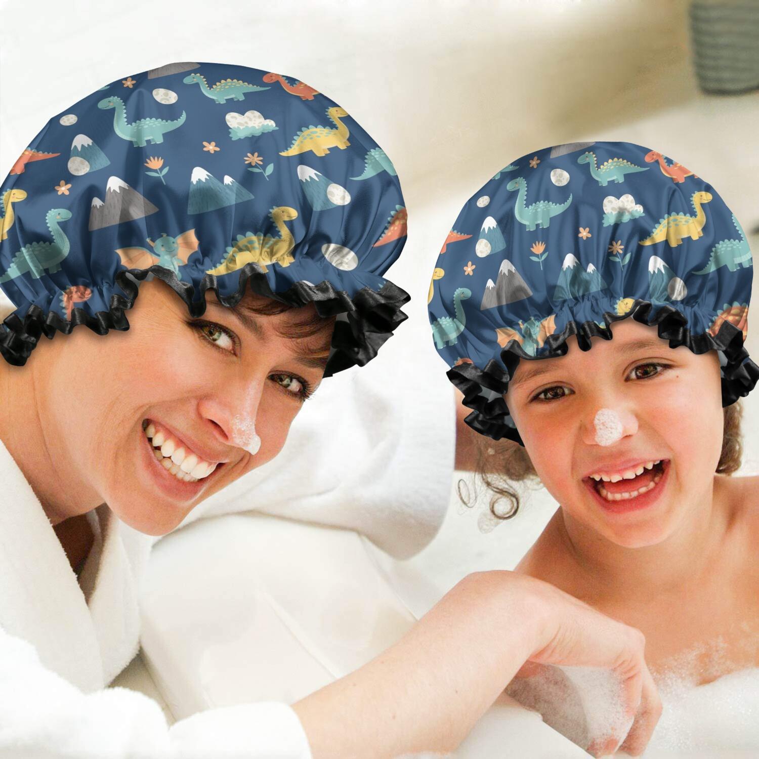 Shower Caps,DarkBlue Cartoon Dinosaurs Mountains Eggs Pattern Waterproof Shower Cap for Women 4 Pieces,Double Reusable Hair Cover for Shower PEVA Elastic Stretch Hem