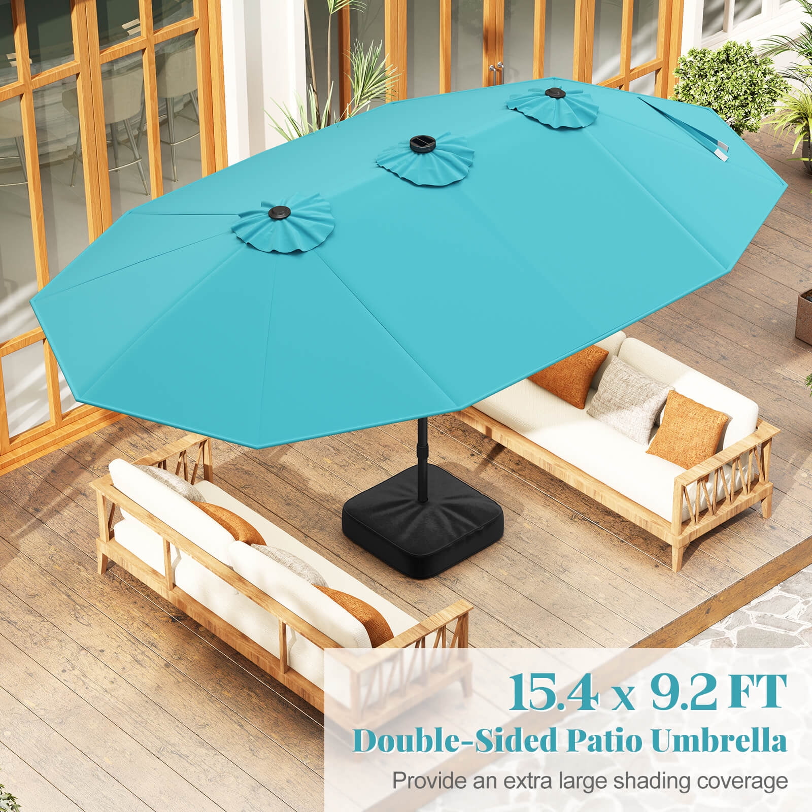 Costway 15 Ft Patio Double-Sided Solar LED Market Umbrella Crank 36 Lights Base Turquoise