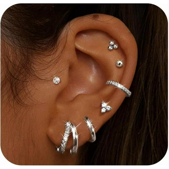 7 Pairs Gold Earrings for Women Hypoallergenic Surgical Steel Flat Back Earrings Huggie Hoops 14k Gold Plated Cartilage Helix for Multiple Piercing