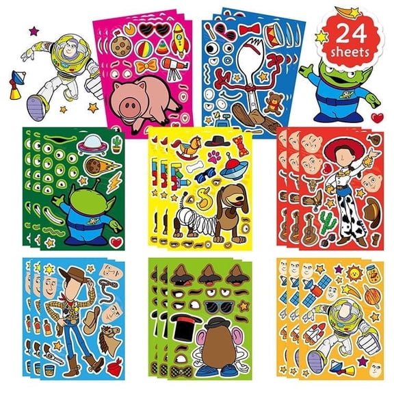 24 PCS Cartoon Stickers DIY Kids Stickers with Changeable Faces Mixed & Matched with 8 Designed Characters Stickers for Party Decoration, Reward, Decor, Gift Idea