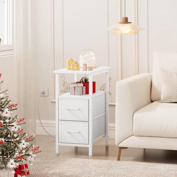 End Table with Charging Station Set of 2, Narrow Side Table, 23.8'' Tall Nightstand with 2 Drawers, Small Sofa Side Table Narrow Nightstand for Small Spaces, Living Room, Bedroom, White
