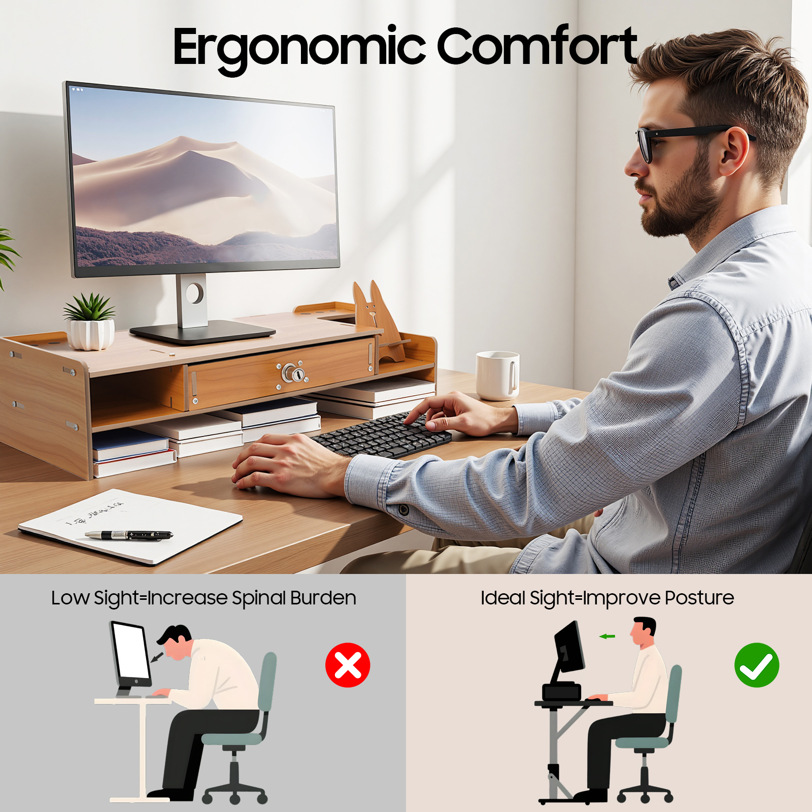 Wood Monitor Riser with Drawer Computer/Laptop/PC Stand Computer Monitor Stand with Lockable Drawer & Phone Holder, Wood Monitor Stand, Suitable for Study, Office, and Desk