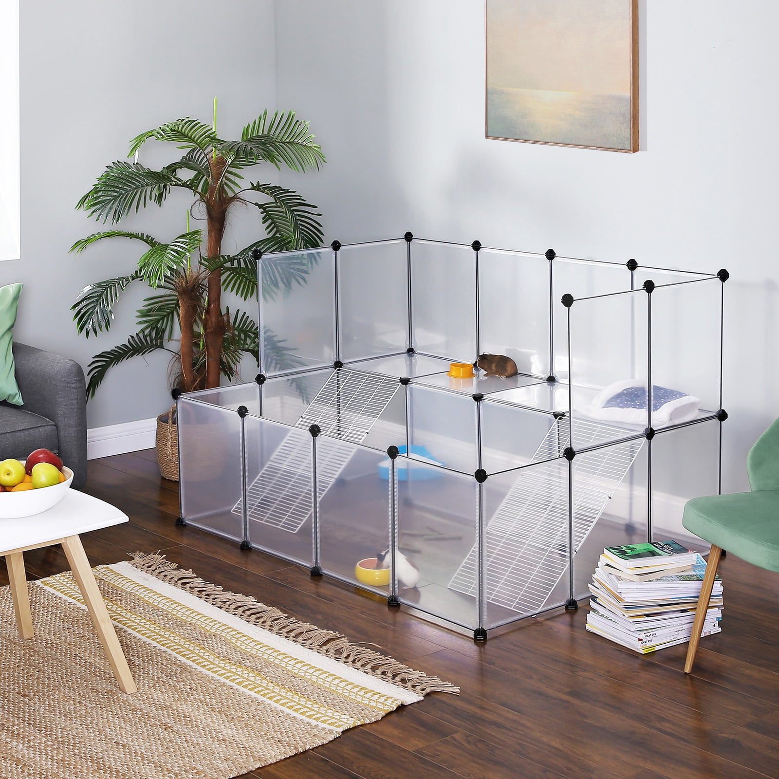 Guinea Pig Playpen with Dense Ramp, Indoor Rabbit Run Hutch Cage, Large Exercise Enclosure with Stairs, DIY Plastic Modular Fence for Hamster, Pet, Small Animals, White