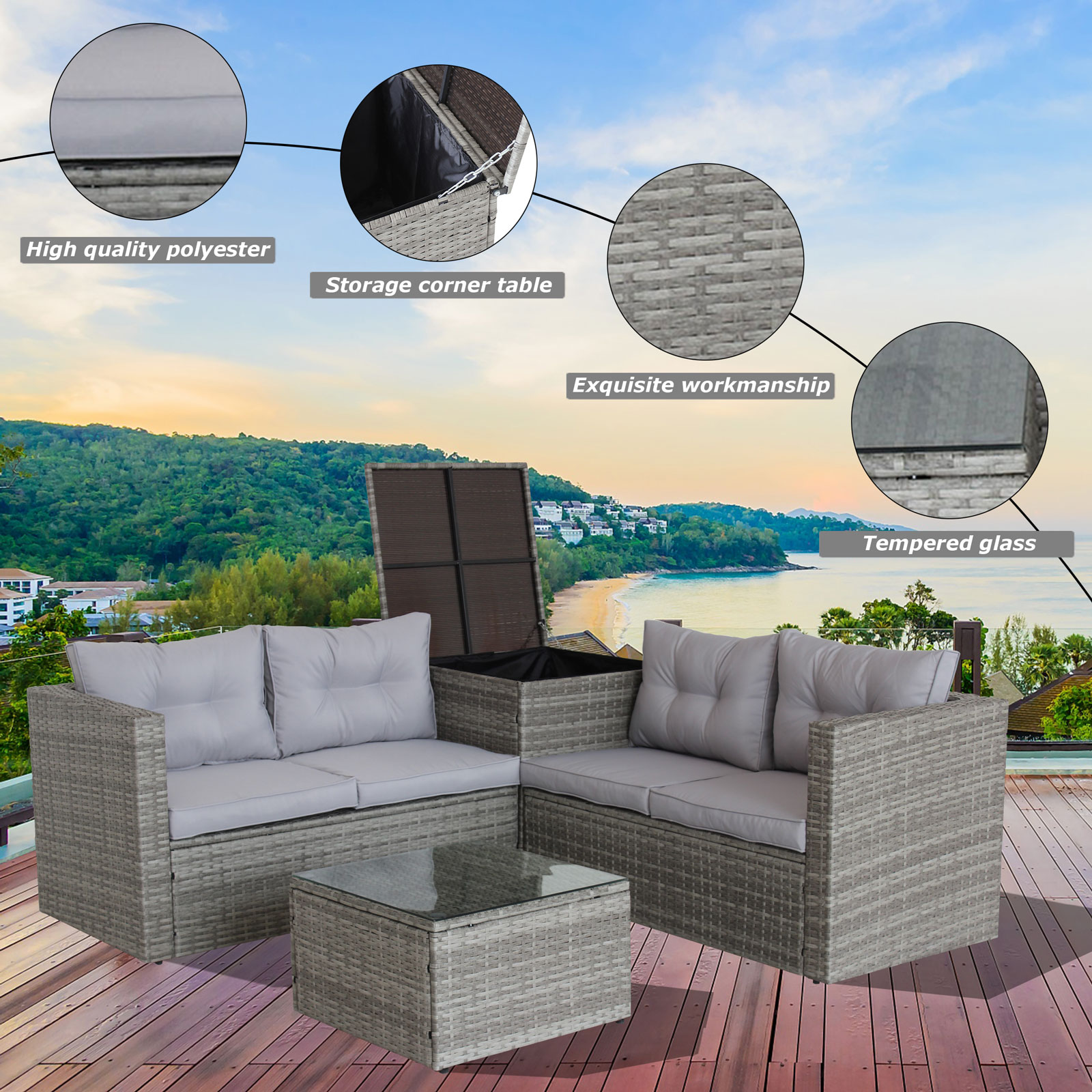 Outdoor Patio Furniture Set, 4-Piece Gray Wicker Patio Furniture Sets, Rattan Wicker Conversation Set w/L-Seats Sofa, R-Seats Sofa, Cushion box, Glass Dining Table, Padded Cushions, Beige, S1555 - image 5 of 10