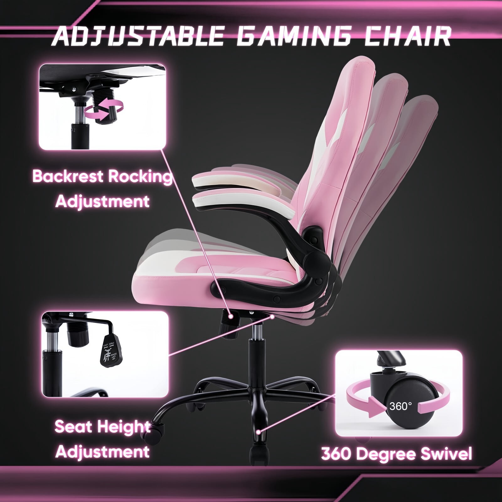 Kelno Ergonomic Gaming Chair PU Leather Computer Desk Chair with Lumbar Support Adjustable Height Flip-Up Armrests Swivel Wheels, Pink