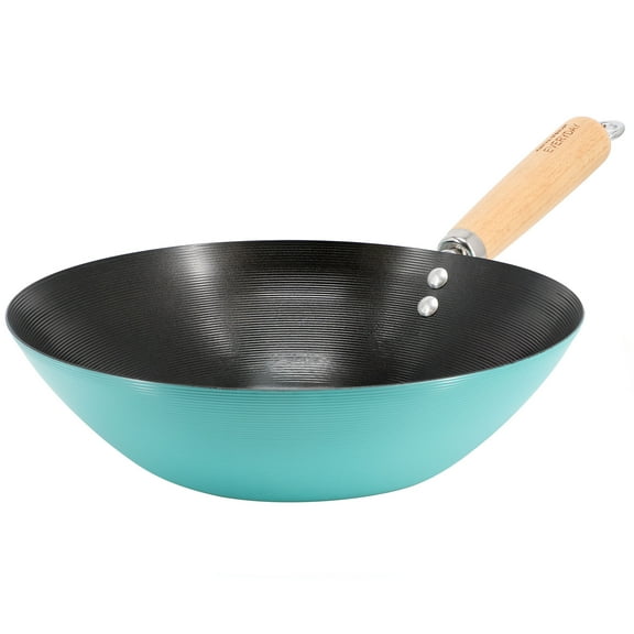 Martha Stewart Everyday Clarkston 10 Inch Nonstick Carbon Steel Wok with Wooden Handle in Teal
