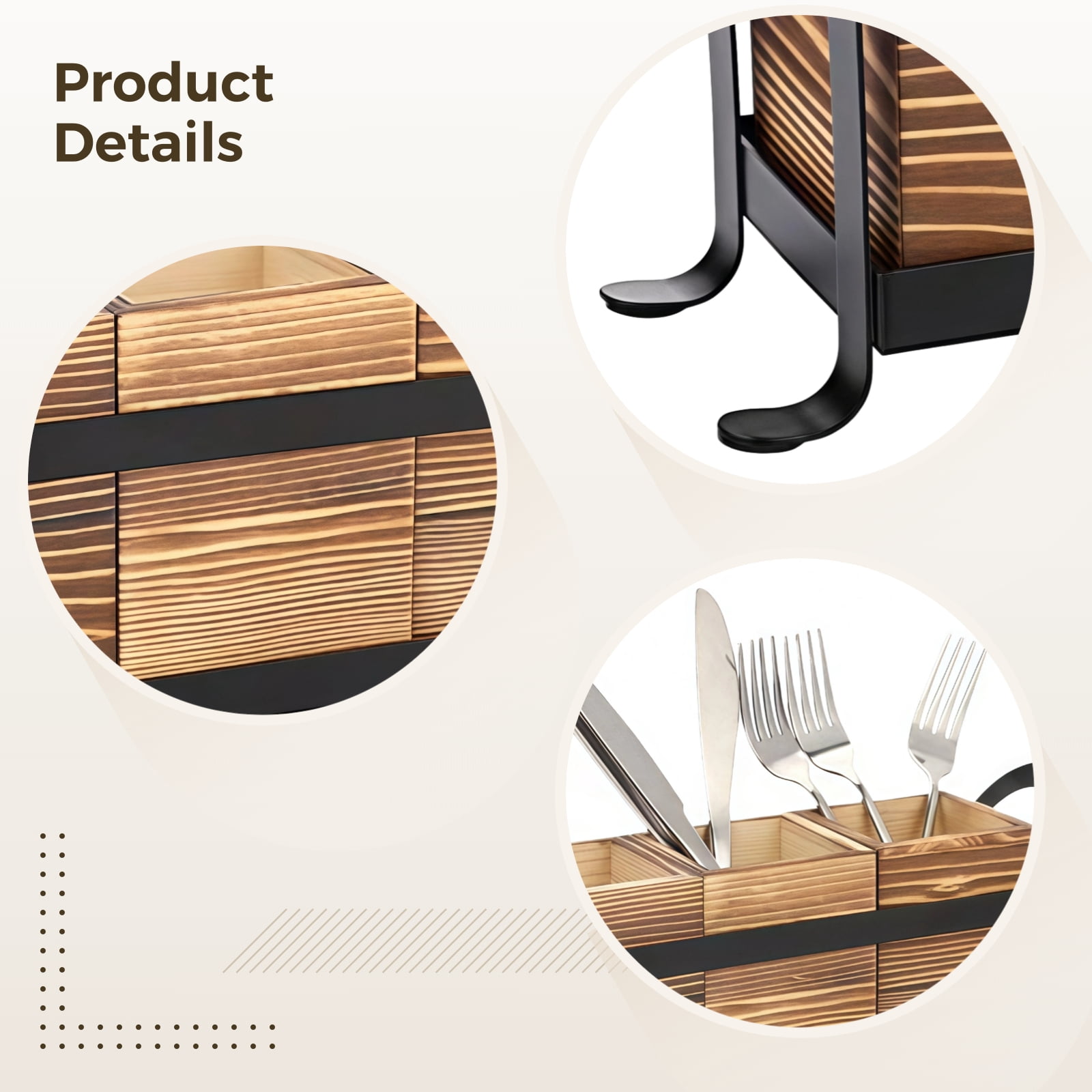 Wooden Utensil Caddy, 3-compartment Cutlery Holder, Metal Frame, Kitchen Countertop Organizer, Modern Design with Side Handles, Ideal for Kitchen and Dining Storage, 13 x 3.5 x 5.9"