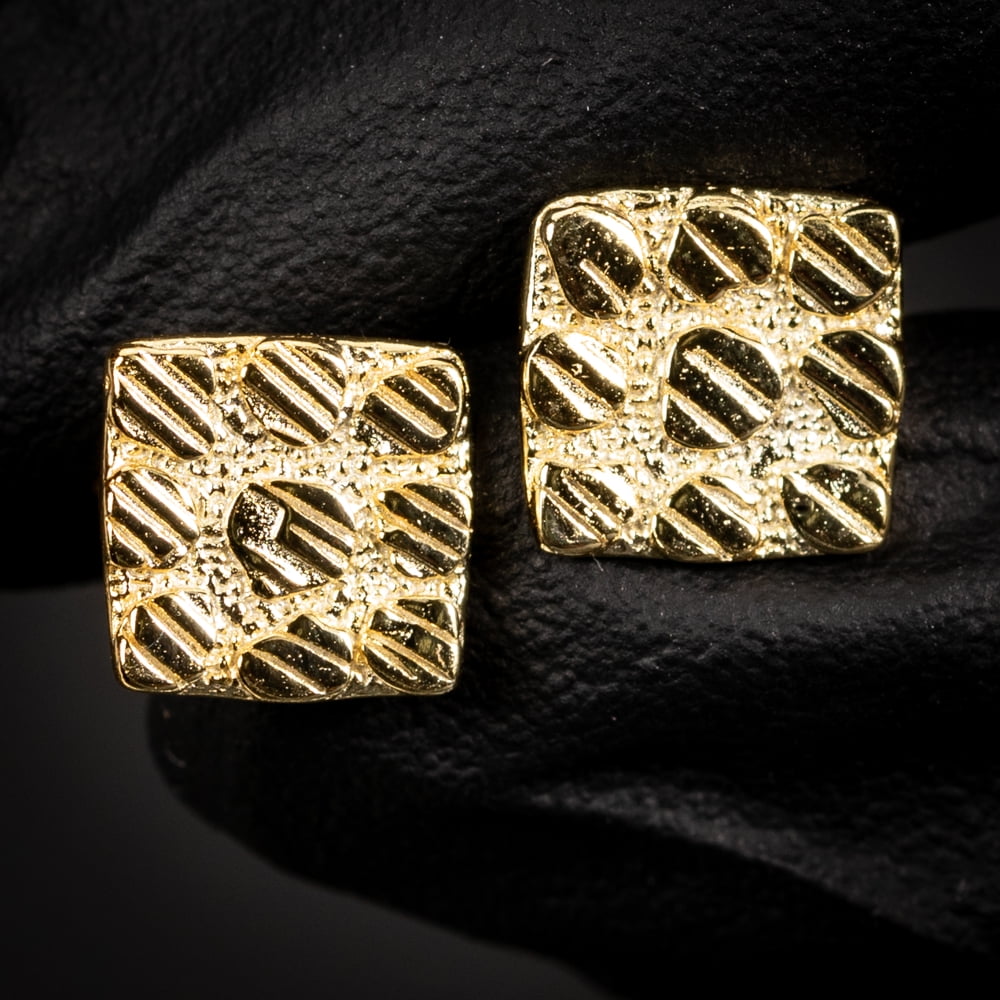 Square Shape 14K Yellow Gold Plated 925 Sterling Silver Screw Back Post Diamond Cut Retro 90's Hip Hop 9.5mm Solid Gold Textured Nugget Stud Earrings