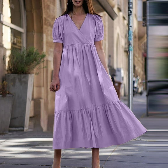 KONBECA Women's Summer Bohemian Dress, V-neck Solid Wedding Guest Dress, Plus Size Loose Mid-Calf Dress, Beach Casual Pleated Long Dress, Swing Maxi Dress Purple XXL