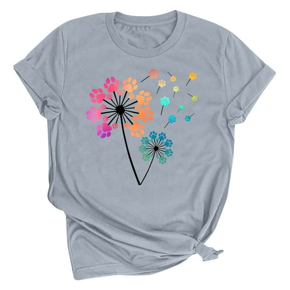 Oplxuo Ladies Paw Printed Cute Sunflower T Shirts for Women Basic Summer Crewneck Tops Casual Loose Fit Short Sleeve Blouse