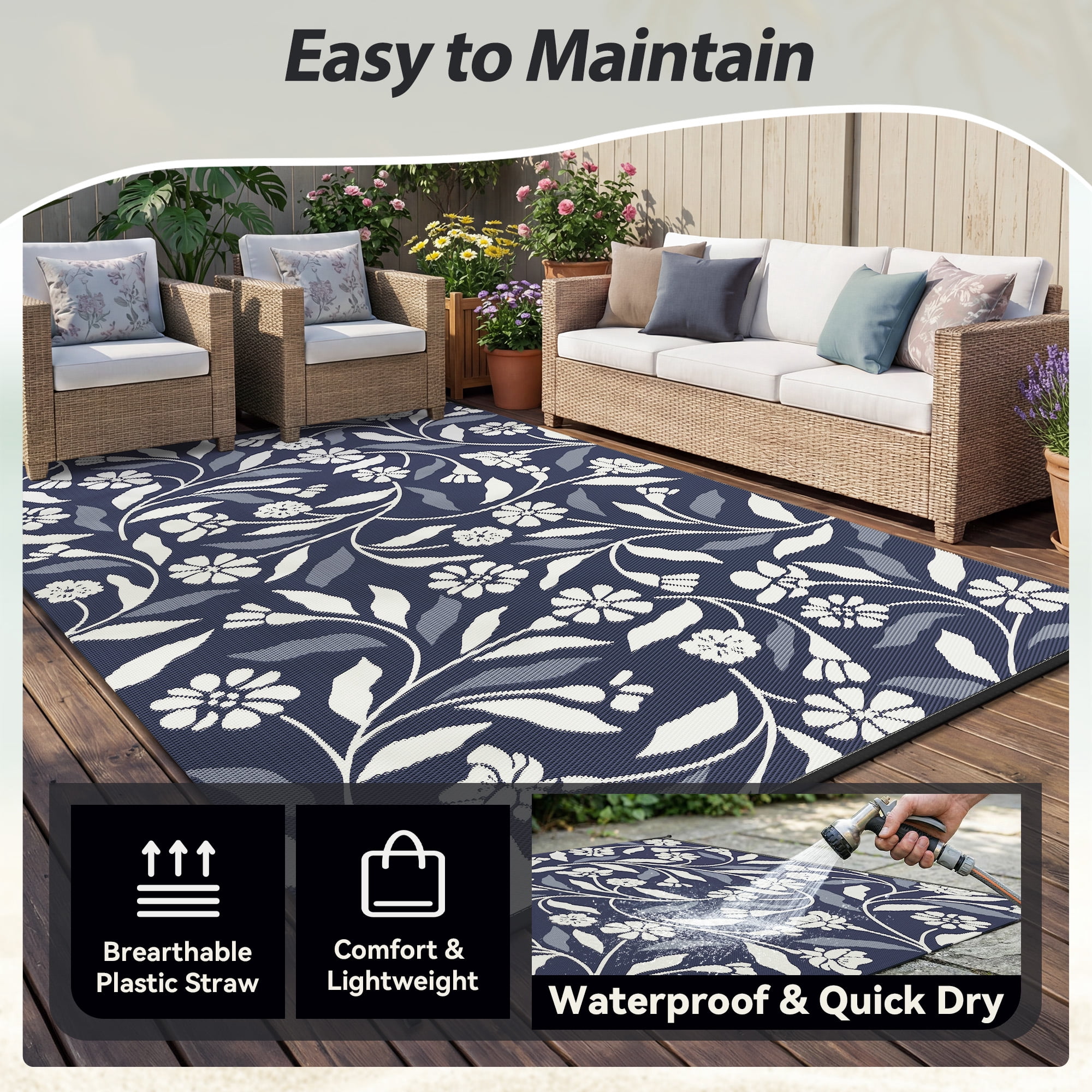 SIXHOME 9'x18' Waterproof Reversible Outdoor Rug, Black Tropical