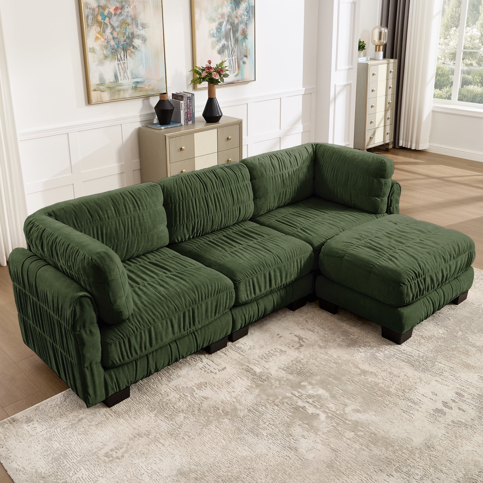 109" L Shape 3 Seat Chenille Modular Sectional Sofa with Movable Ottoman and L Shape Back Cushions
