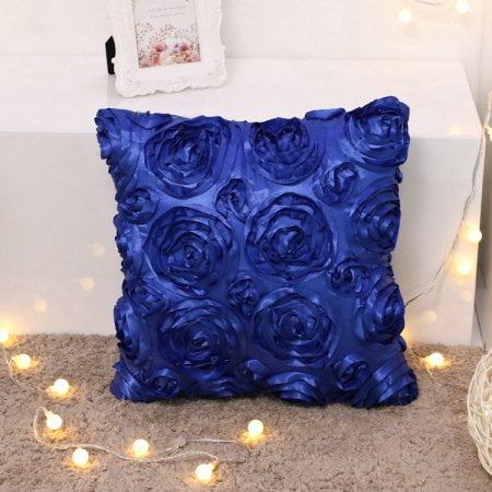 Satin Throw Pillow - Wendana 3D Solid Color Satin Rose Flower Square Pillow Case,Decorative Home Throw Pillow Cover For Bed Sofa,Arts Decoration Rose Flowers Throw Pillow Livingroom Cushion Pillow Case(Blue)