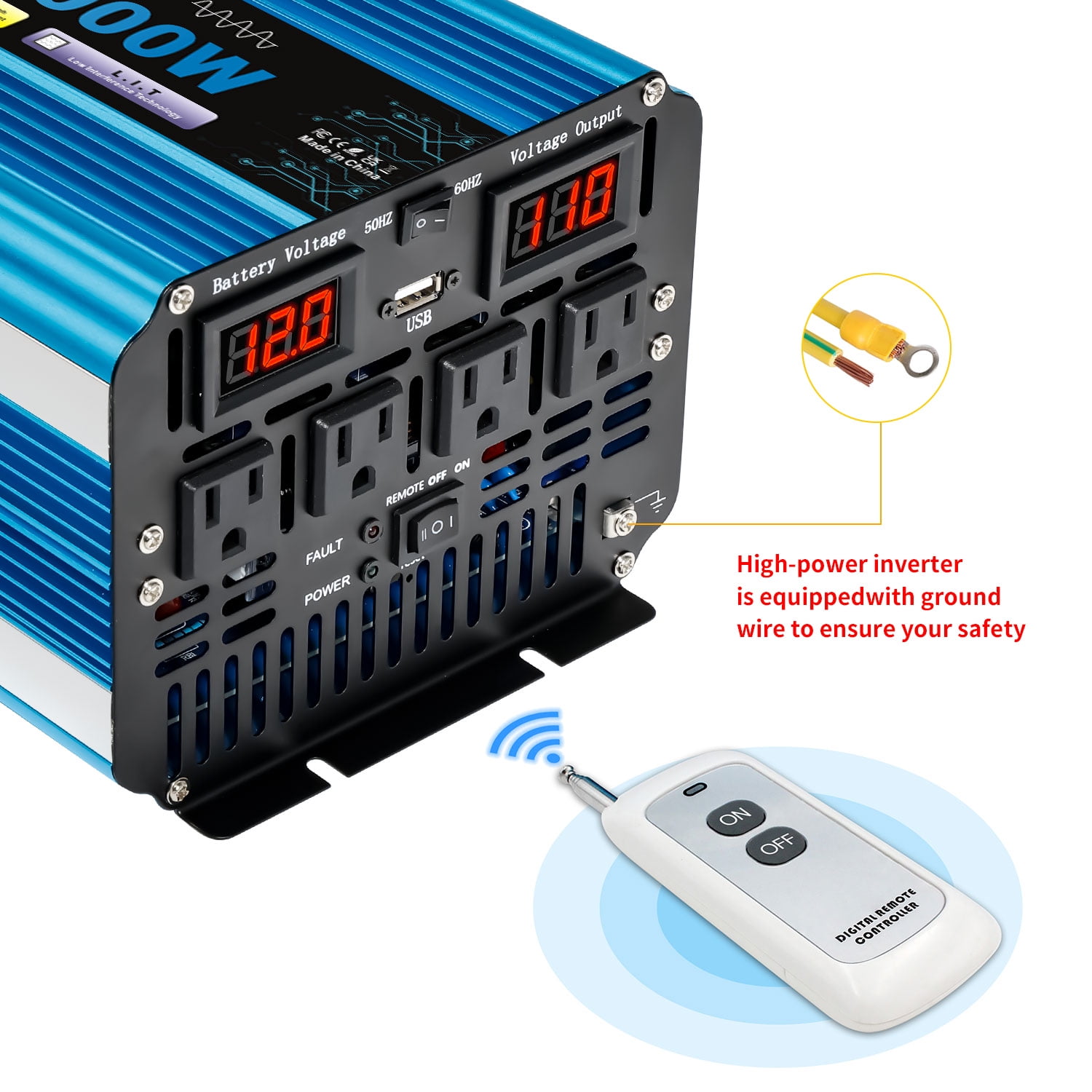 LVYUAN 2500W 5000W Peak Pure Sine Wave Power Inverter 12V DC to 110V AC Converter, 60Hz/50Hz, 4 AC Outlets + USB, LED Display, Remote Control for Car, RV, Camping & Home Backup