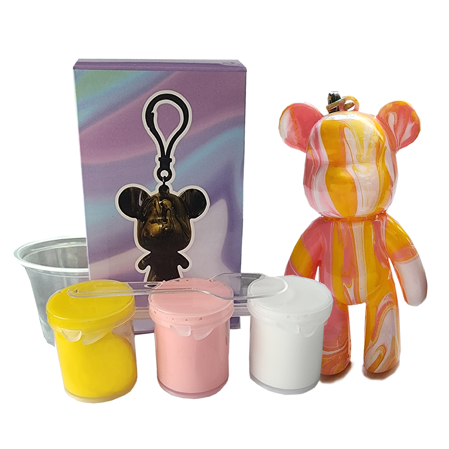 DIY Fluid Art Bear Key chain High Gloss Acrylic Paint Kit Set -  White-Pink-Yellow Kit 