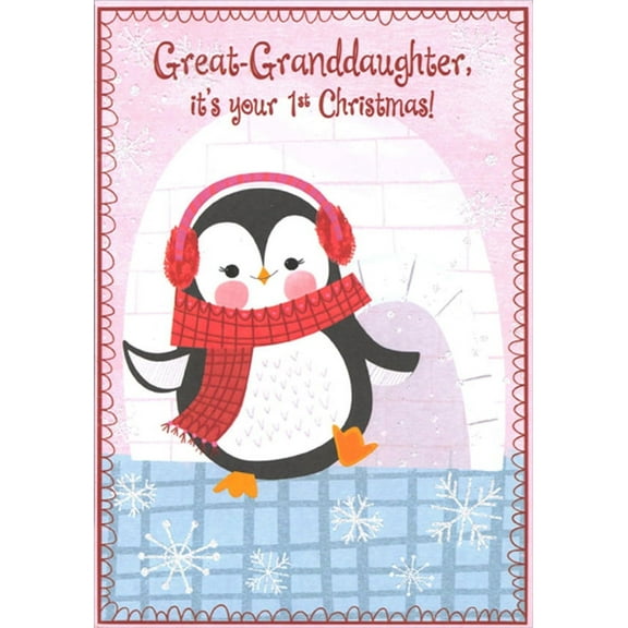 Designer Greetings Cute Penguin Wearing Pink Earmuffs Juvenile Great-Granddaughter First : 1st Christmas Card