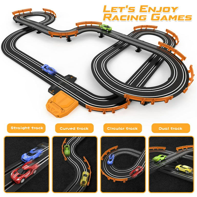  Wupuaait Slot Car Race Track Sets with 4 High-Speed Slot Cars,  Battery or Electric Car Track, Dual Racing Game Lap Counter Circular  Overpass Track, Gifts Toys for Boys Kids Age 6