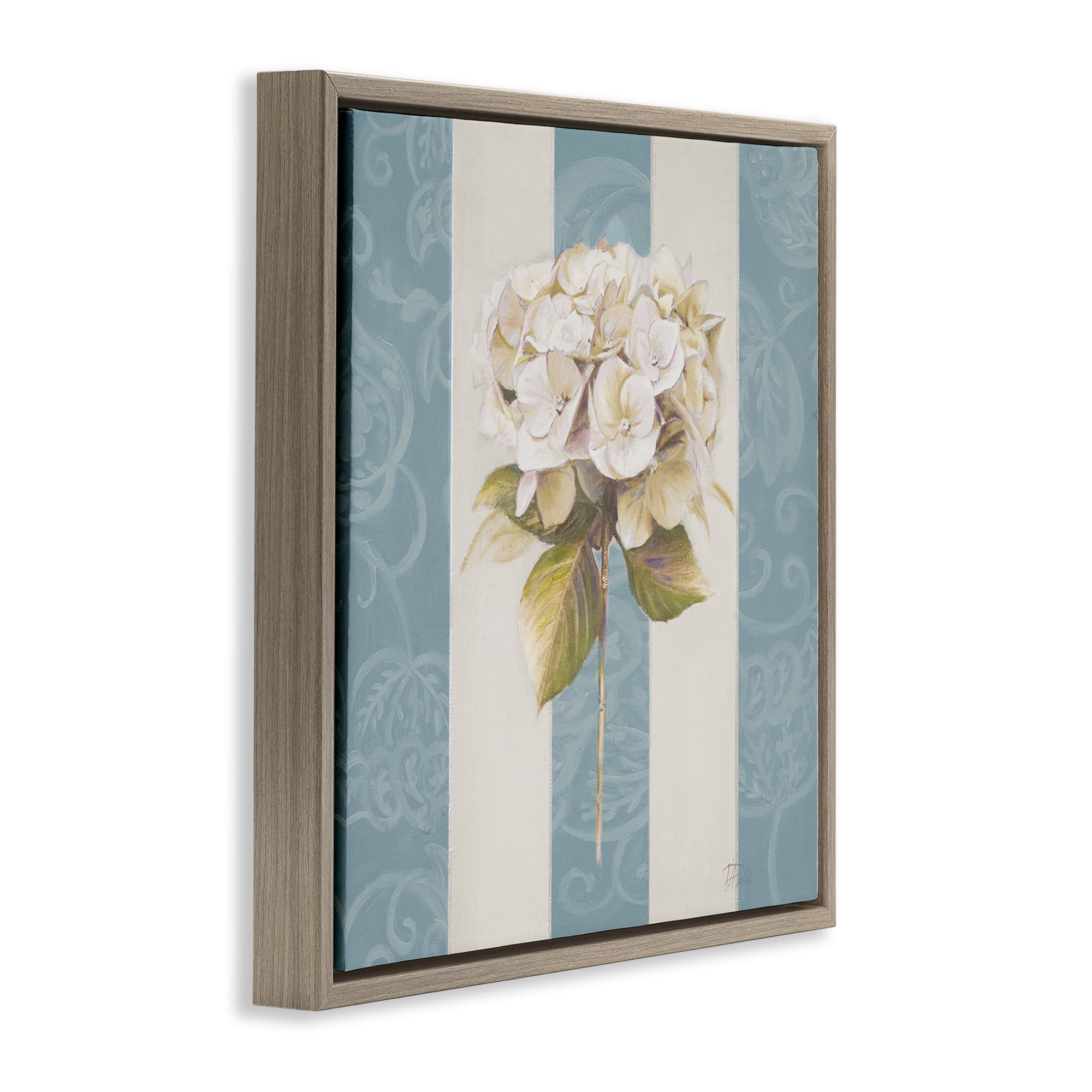 Stupell Industries Hydrangea Sprig on Stripes Plants & Flowers Painting Brown Floater Framed Canvas Art Print Wall Art, 18 x 18