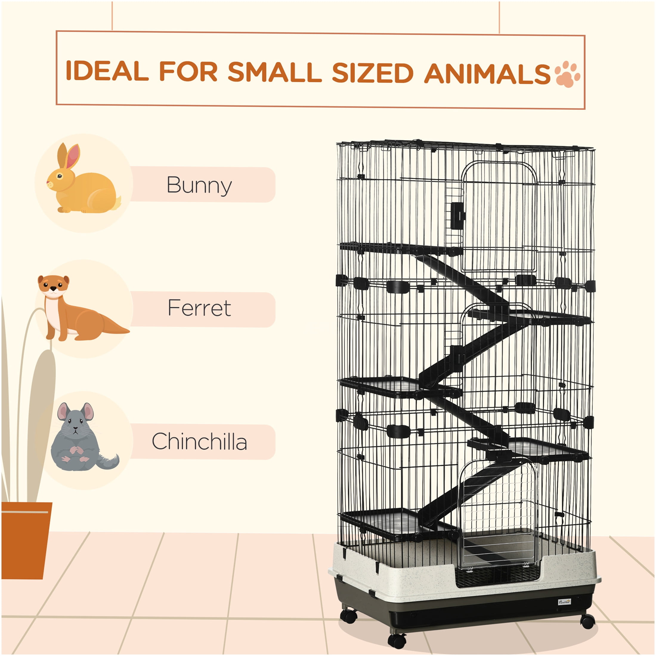 JERFIT 6-Tier Small Animal Cage with Wheels, Black Steel Ferret Hutch for Chinchilla Bunny Rabbit with Ramps, Platforms & Removable Tray