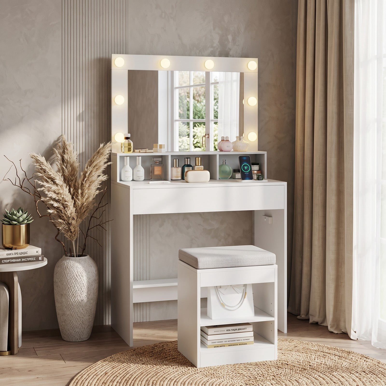 Furnibear Vanity Desk with Lighted Mirror and Charging Station, Makeup Vanity Table with 3 Lighting Modes and Cushioned Stool, White