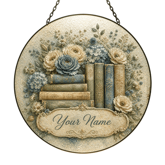 Lotusprint LLC 2D Print Personalized Floral Book Stained Glass Suncatcher for Window Hanging , Vintage Library Decor