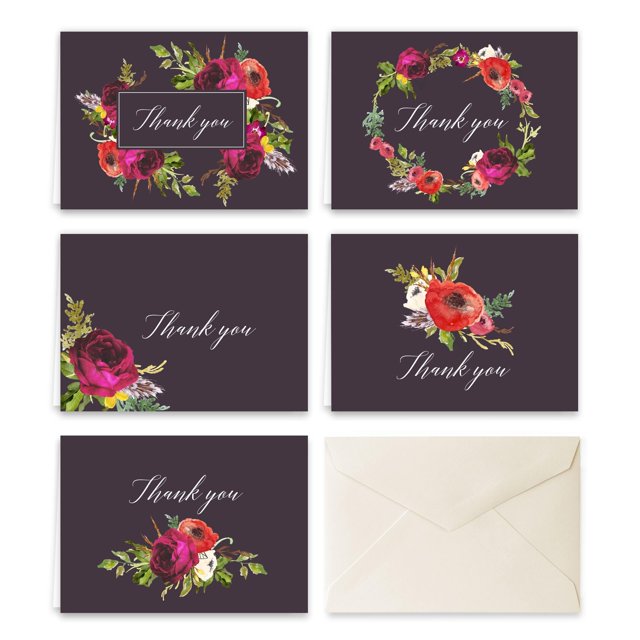 Paper Frenzy Bohemian Floral Thank You Note Card Collection with Cream Colored Envelopes - 25 pack