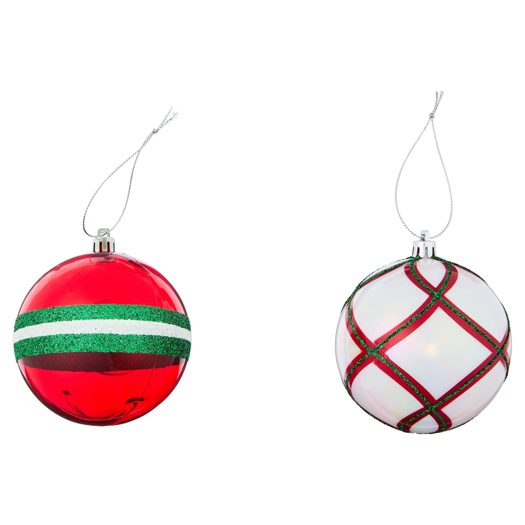 8-Count Red/Green/White Glitter Stripe Ball Shatterproof Christmas Ornaments, 4.3", by Holiday Time