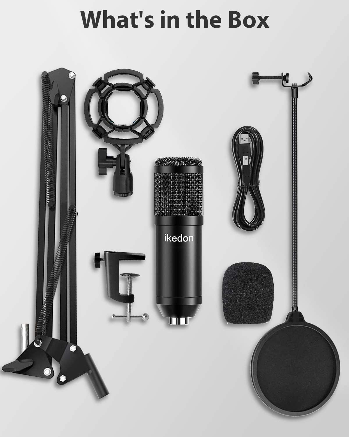 USB Microphone Kit with Professional Sound Chipset Boom Arm Set USB Condenser Microphone IKEDON 192KHZ/24Bit Plug & Play PC Streaming Mic Studio Cardioid Mic for Recording YouTube Gaming Podcasting