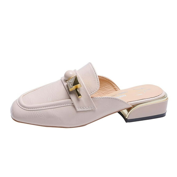 OAVQHLG3B Womens Mules Flats Square Head Toe Backless Loafers Slip On Metal Chain Slides Sandals