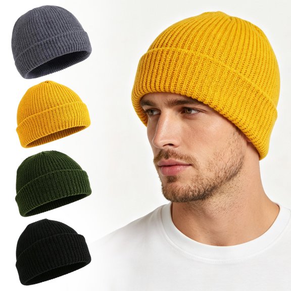 4 Pack Fisherman Beanies for Men, Short Knit Watch Cap Cuffed Trawler Hats Women Unisex