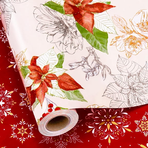 Christmas Wrapping Paper Roll, Vintage Reversible Christmas Gift Wrap with Poinsettia Design, Watercolor Red Green Floral Gift Wrapping Paper Holiday Present Packaging (17 Inch X 33 Feet)